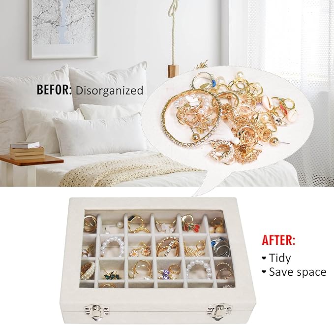 Velvet Jewelry Box 24 Grid Jewelry Ring Display Organiser Box Tray Holder Earrings Storage Case for Girls Wife Mom Women (Beige)