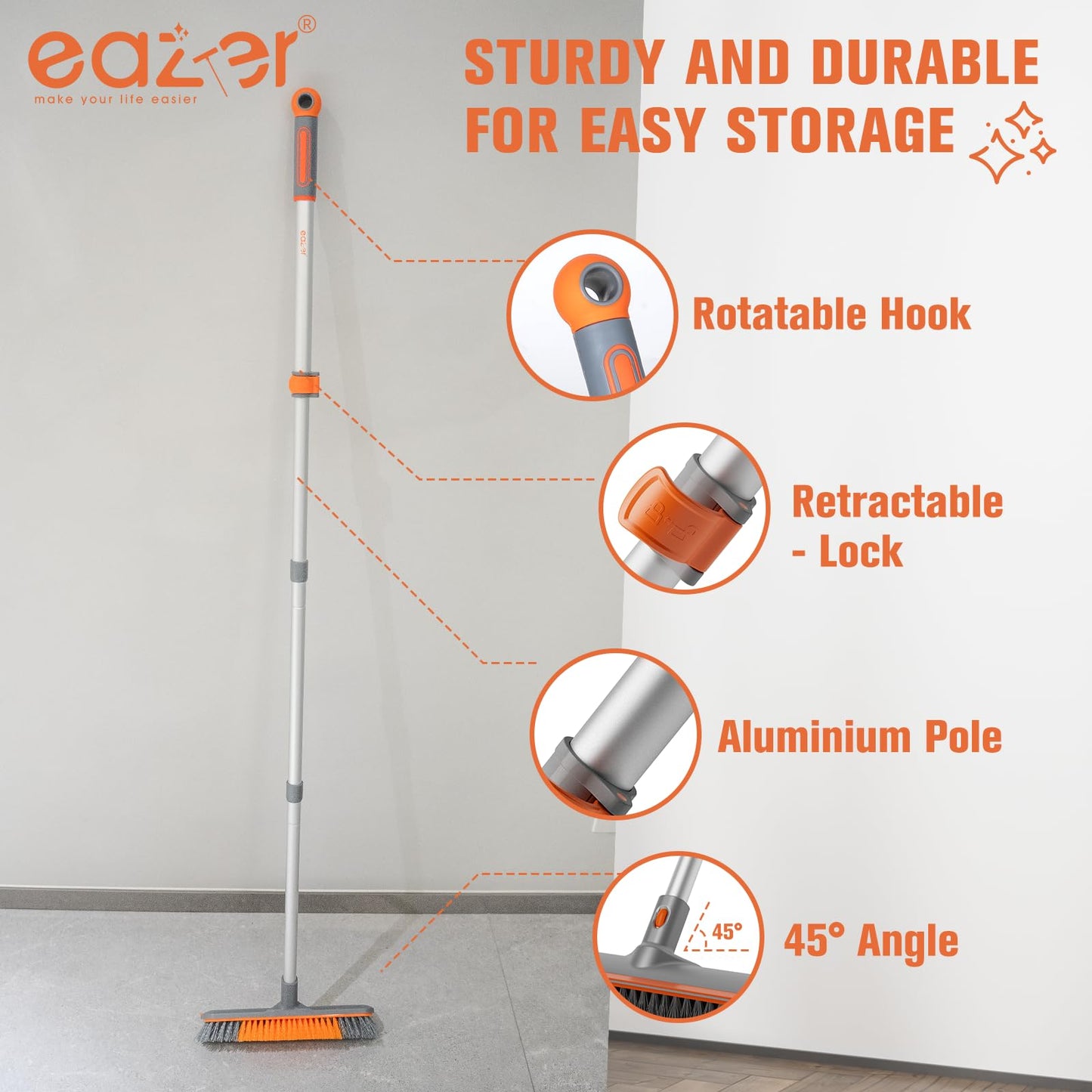 Eazer 2-in-1 Floor Scrub Brush with Long Handle, Soft/Hard Bristle Concrete Deck Brush with Squeegee, Garage Floor Cleaner for Tile/Concrete, Indoor/Outdoor Kitchen Bathroom Pool Deck -12" W/60 H