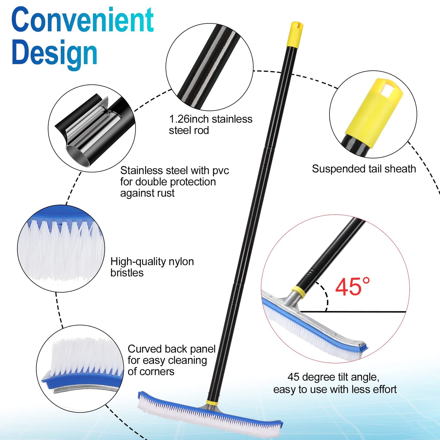 Swimming Pool Brush, 6 FT Stainless Steel Heavy Duty Clean Swimming Pool Brush with Pole, Use for Swimming Pool Wall Tile Floor and Step