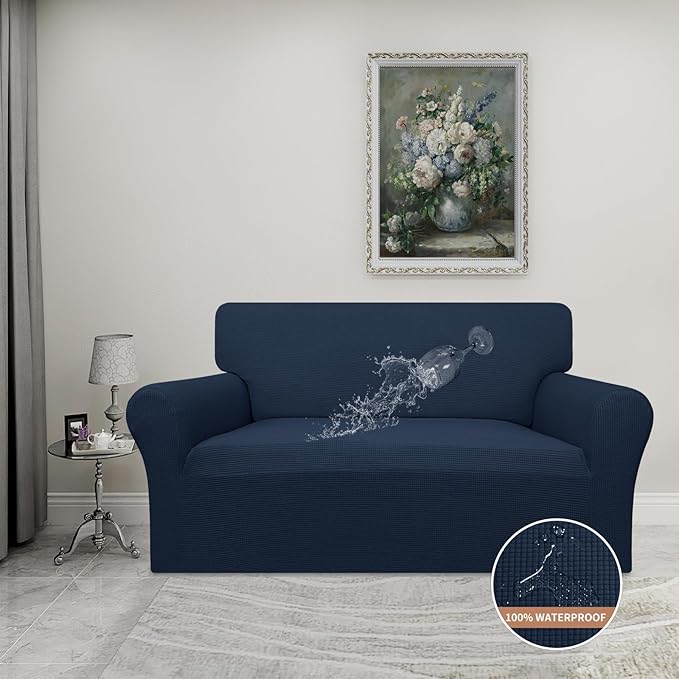 Easy-Going 100% Waterproof Loveseat Couch Cover, Dual Waterproof Sofa Cover, Stretch Jacquard Sofa Slipcover, Leakproof Furniture Protector for Kids, Pets, Dog and Cat (Loveseat, Dark Blue)