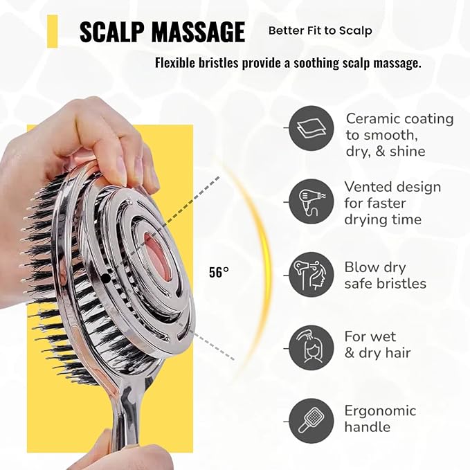 Vented Hair Brush Wet Dry HairBrush for Quick Flat Blow Drying with Natural Boar Bristles Elastic Scalp Massage Brushes Double Layer Design for Smooth HairÃ¯Â¼ÂChrome SilverÃ¯Â¼Â