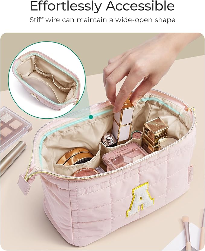 BAGSMART Birthday Gifts Personalized Initial Makeup Bag, Trendy Stuff Gifts for Women Bridesmaid Graduation, Puffy Padded Make Up Bags for Women, Wide-open Toiletry Bag, Pink E