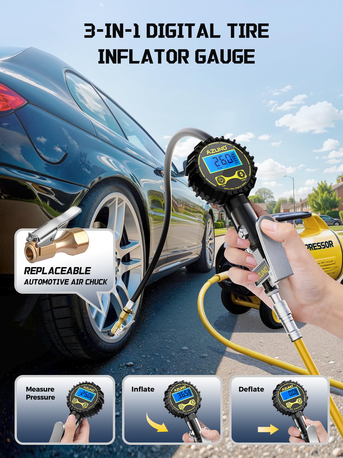 Tire Pressure Gauge, 3-in-1 Digital Tire Inflator with Air Blow Gun, 200PSI for Car Truck Motorcycle, with LED Screen, 4 Units for Air Compressor (1/4" NPT)
