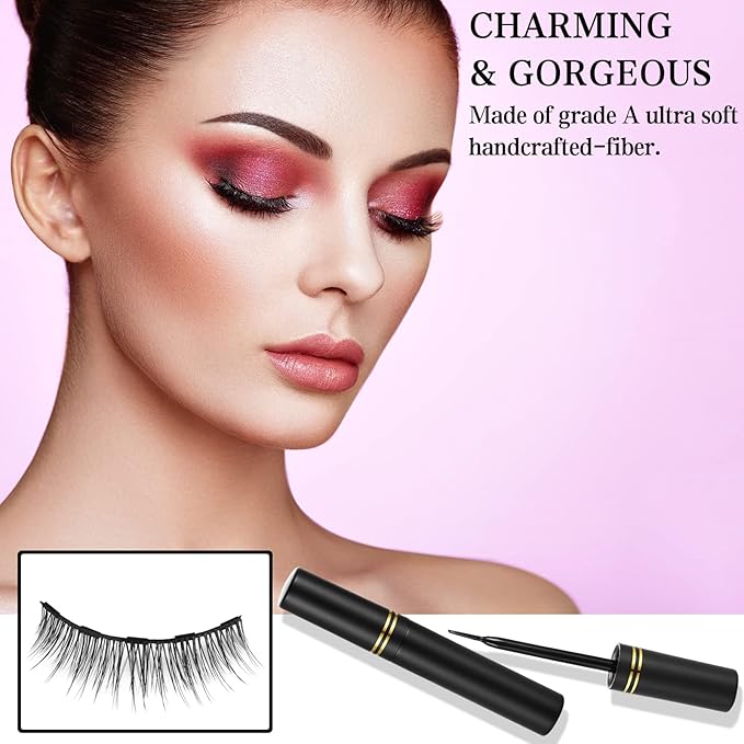 Magnetic Eyelashes and Eyeliner Kit, 12 Pairs Reusable Magnetic Lashes with Eyeliner and Tweezers, 3D Natural Look False Eyelashes, Easy to Wear, No Glue Needed (12pcs)
