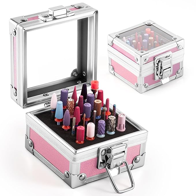 MelodySusie Nail Drill Bits Holder, 25 Holes Case, Portable Dustproof Displayer Organizer Container, Nail Tech Professional Nail Art Tool, Travel Salon Home, Pink (Drill Bits Not Included)