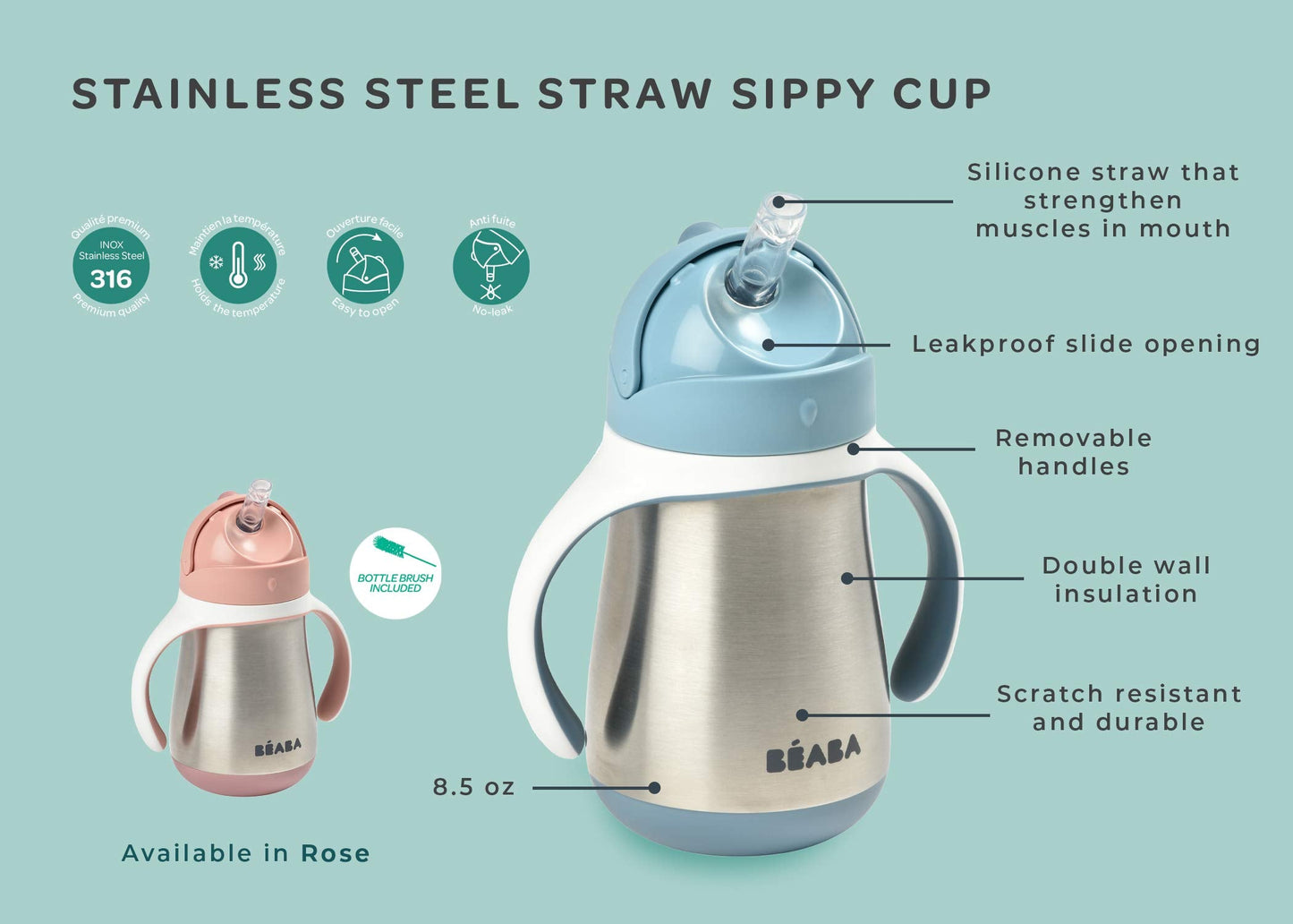 Beaba Stainless Steel Straw Sippy Cup, Insulated Toddler Cups Spill Proof with Removable Handles, Made with High Grade Stainless Steel, 8+ months, 8.5 oz (Rain)