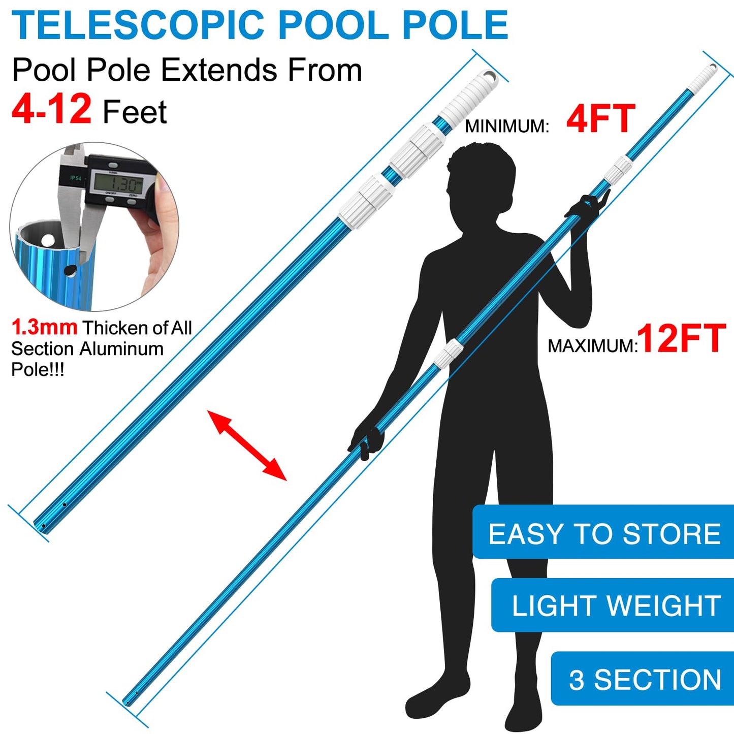 CKE Upgraded 12 Feet Thicken 1.3mm Blue Aluminum Telescoping Swimming Pool Pole,Adjustable 3 Piece Expandable Step-Up,Attach Connect Skimmer Nets,Rakes,Brushes,Vacuum Heads with Hoses, Universal 1.25"