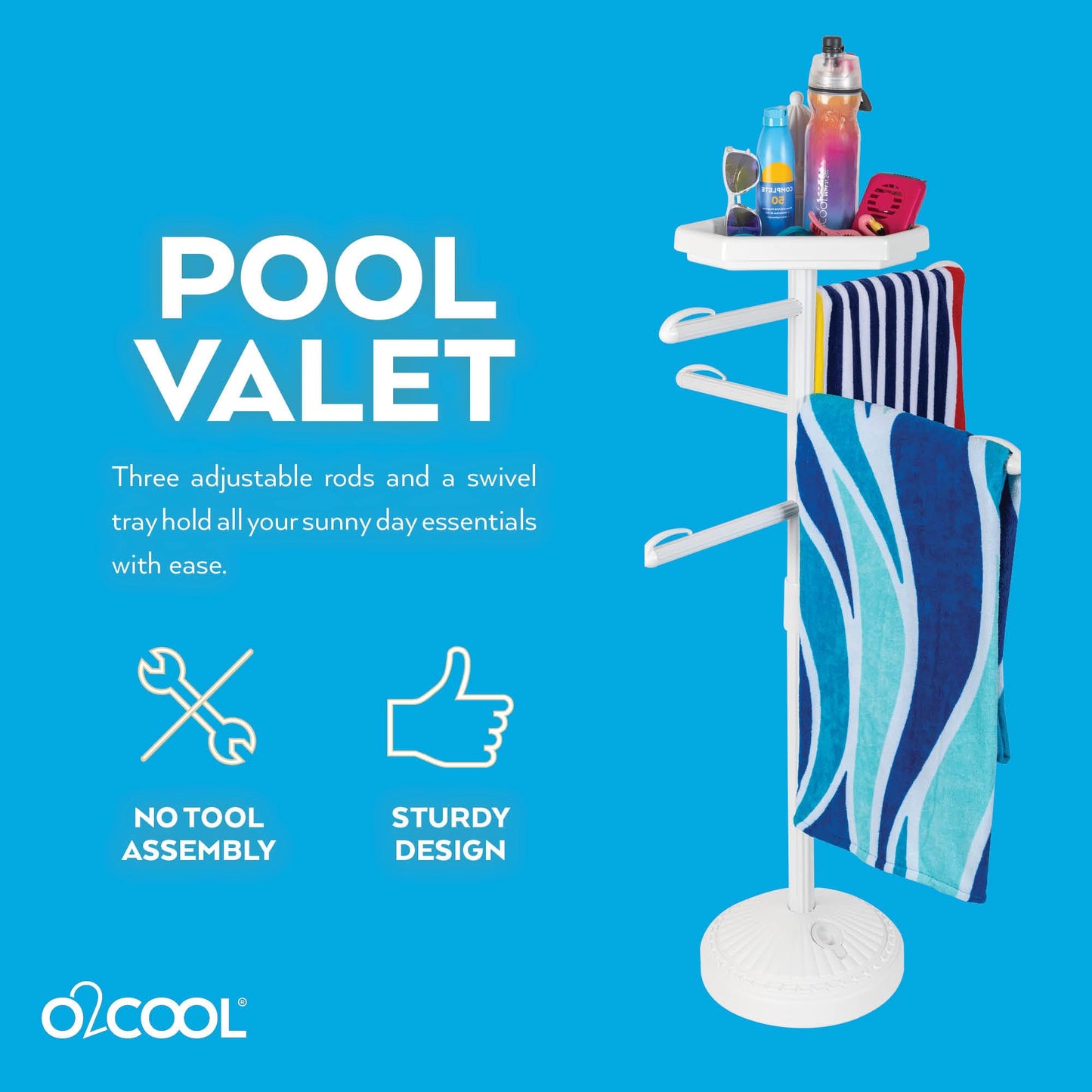 O2COOL Pool & Spa Valet, Adjustable Pool & Patio Towel Holder with Weighted Base, Outdoor Towel Bar, Poolside Table, White