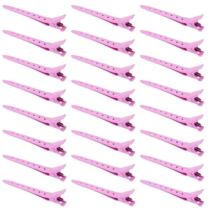 24 Packs Duck Bill Clips, Bantoye 2.75 Inches Rustproof Metal Alligator Curl Clips with Holes for Hair Styling, Hair Coloring, Pink