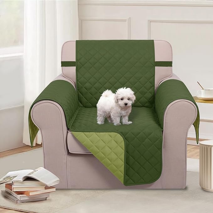 U-NICE HOME Recliner Chair Covers Reversible Chair Cover Pet Covers for Dogs with Elastic Straps Water Resistant Diamond Quilted (23''Armchair, Huntergreen/Sage)