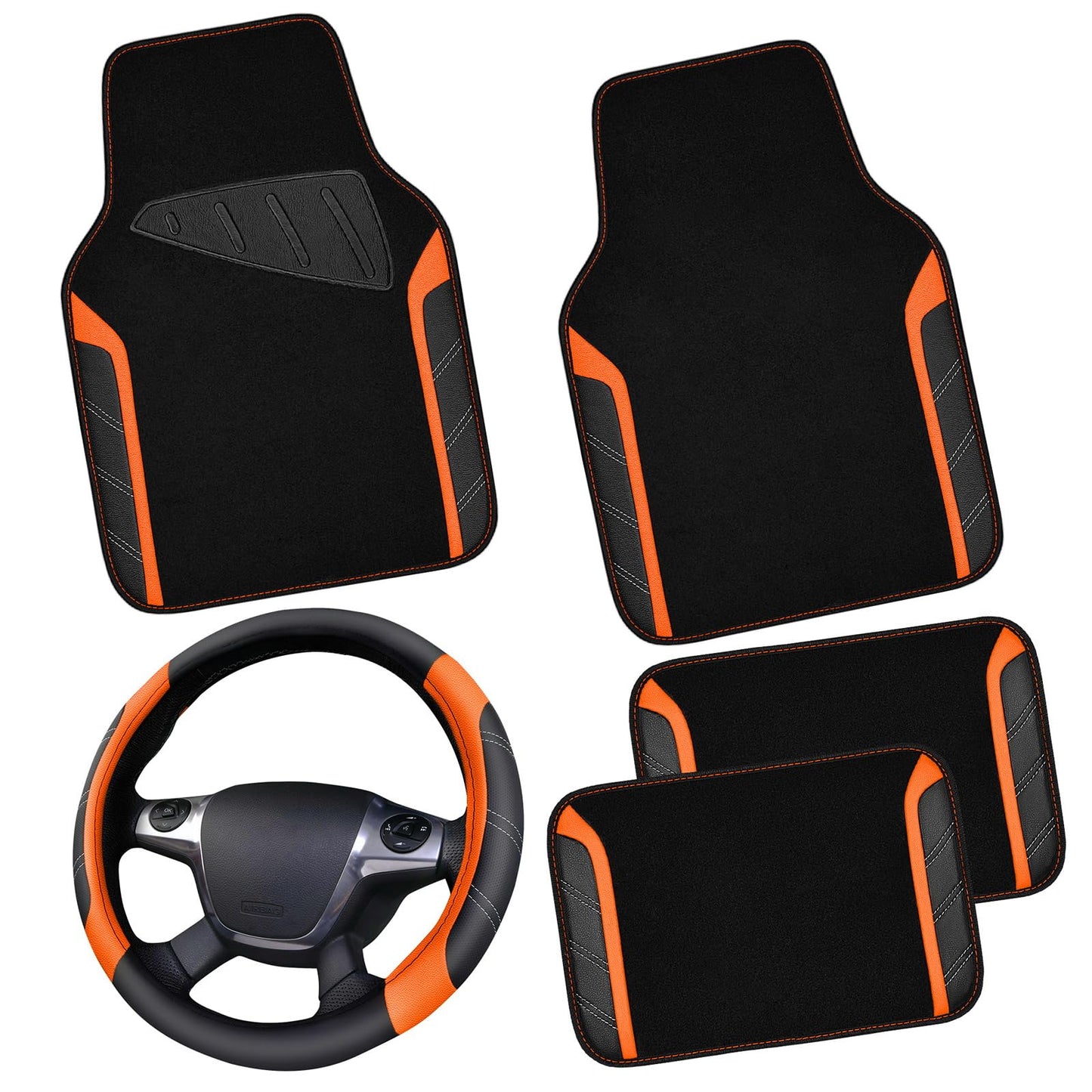 CAR PASS Leather Steering Wheel Cover and Waterproof Car Floor Mats,Microfiber Universal Car Combo Fit for 95% Sedan SUV Van Truck,14.5-15inch Sporty Anti-Slip Safety Comfortable Design, Black＆Orange