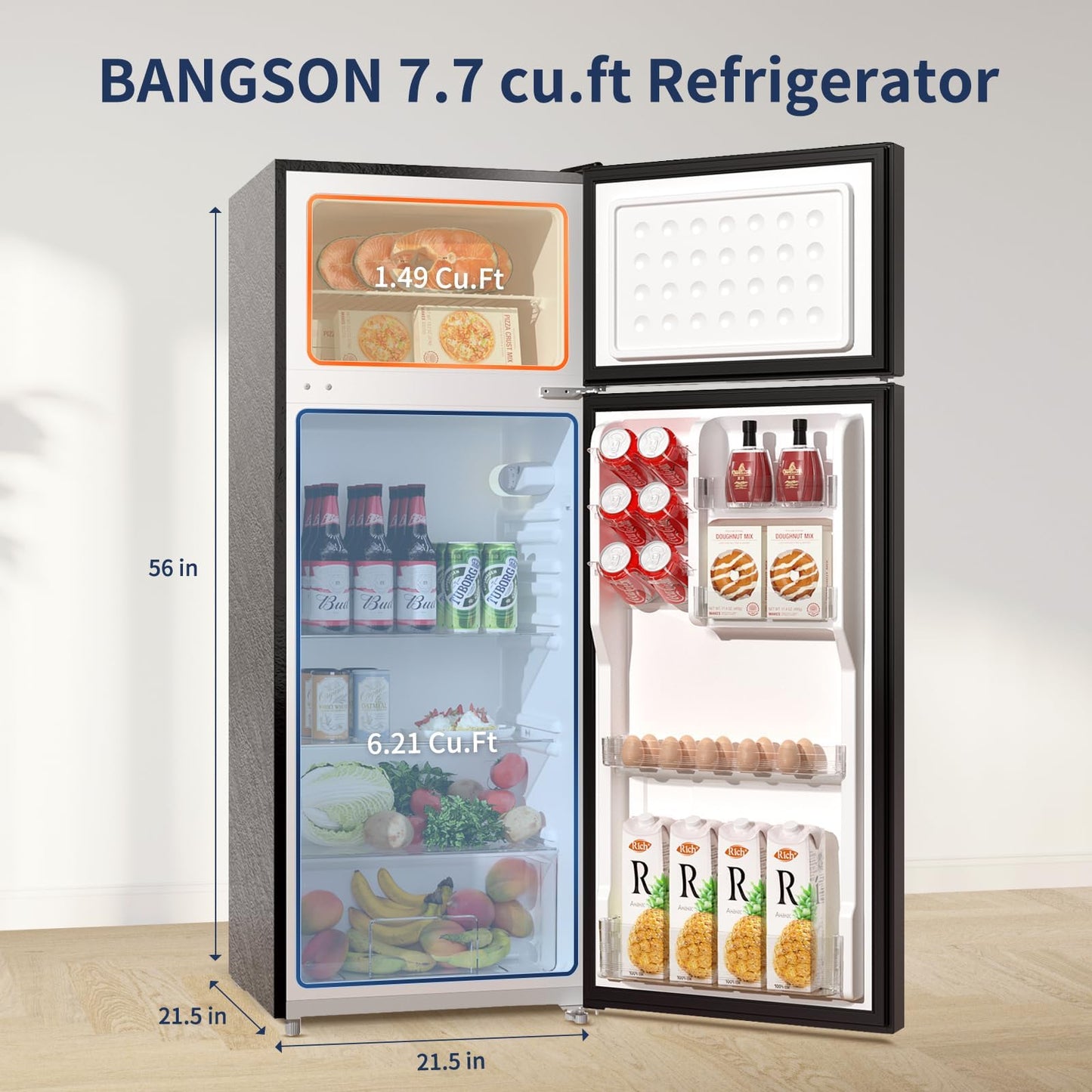 BANGSON 7.7 Cu.Ft Refrigerator with Freezer, Apartment Size Fridge with Top Freezer, for Apartment, Office, Kitchen and Garage, Stainless Steel, Silver