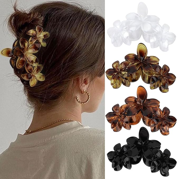 4Pcs Flower Hair Clips Large Matte Hair Claw for Women Non-Slip Strong Hold Clips for Thick Hair, Hair Accessories，Black，White，Leopard
