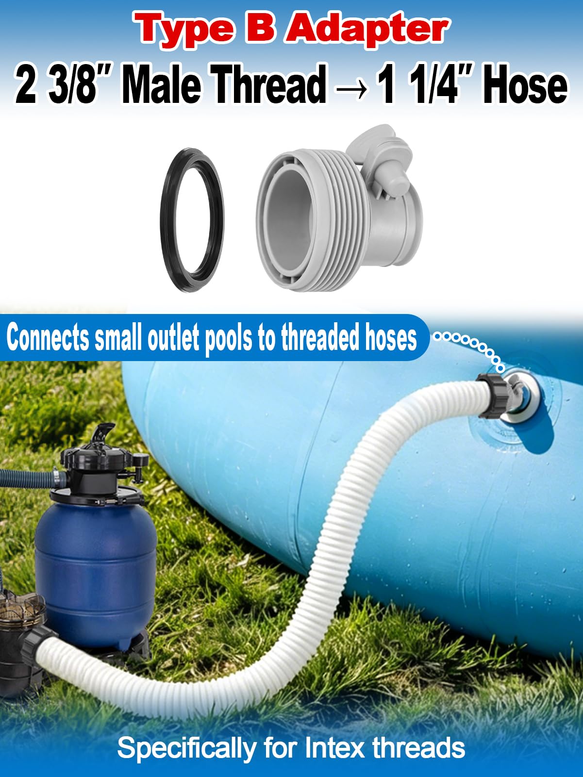 PAMASE Pool Hose Adapter A & B - Conversion Connector for 1.5"&1.25" Hoses with Clamps Gaskets, Replacement Parts fits Intex Filter Pumps, Saltwater System, Above Ground Swimming Pool (4Pack)