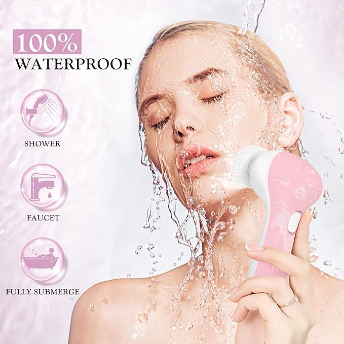 COSLUS Facial Cleansing Brush Silicone Face Scrubber: 7 in 1 FBS-D Electric Exfoliating Rotating Massage Device Waterproof Deep Cleaning Exfoliation Spa Machine - Electronic Skin Care Wash System