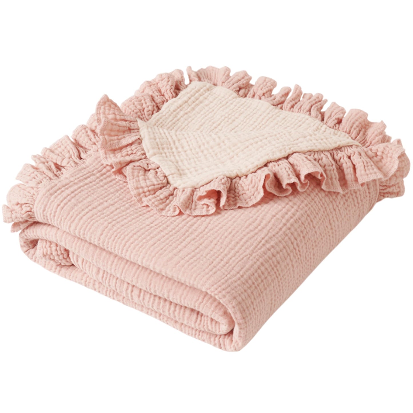 Konssy Flounce Muslin Baby Blanket for Girls Boys, 100% Cotton Soft Crib Swaddle Blankets, Reversible & Breathable Nursery Bedding for Newborns Toddlers, 40 x 36 Inches (Pink)