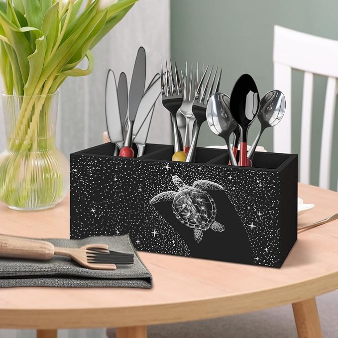 Turtle Beach Pen Pencil Holder for Desk Accessories, Dark Starry Night Animal Coastal Wooden Box Decorative Sign for Home Office Desk Tabletop Decor