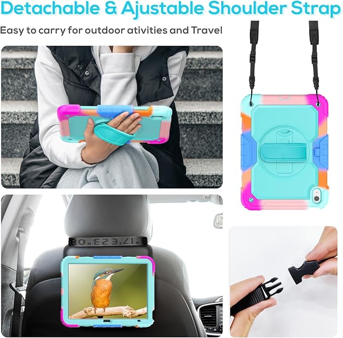 BLOSOMEET iPad Case for 11th/10th Generation 11''/10.9'' with Tempered Glass Screen Protector, Full Body Dropproof iPad Cover 2025/2022 with Stand Pen Holder & Hand Shoulder Strap, Turquoise