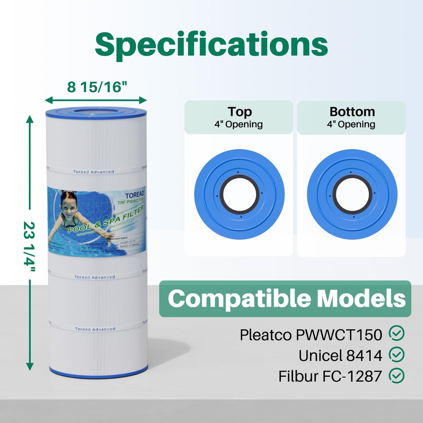 TOREAD PWWCT150 Pool Filter Replaces PWWCT150, Ultral-B3, Clearwater II ProClean 150, 817-0150N, Unicel 8414, Filbur FC-1287, SD-00210, 150 Sq.ft Filter Cartridge 1PACK