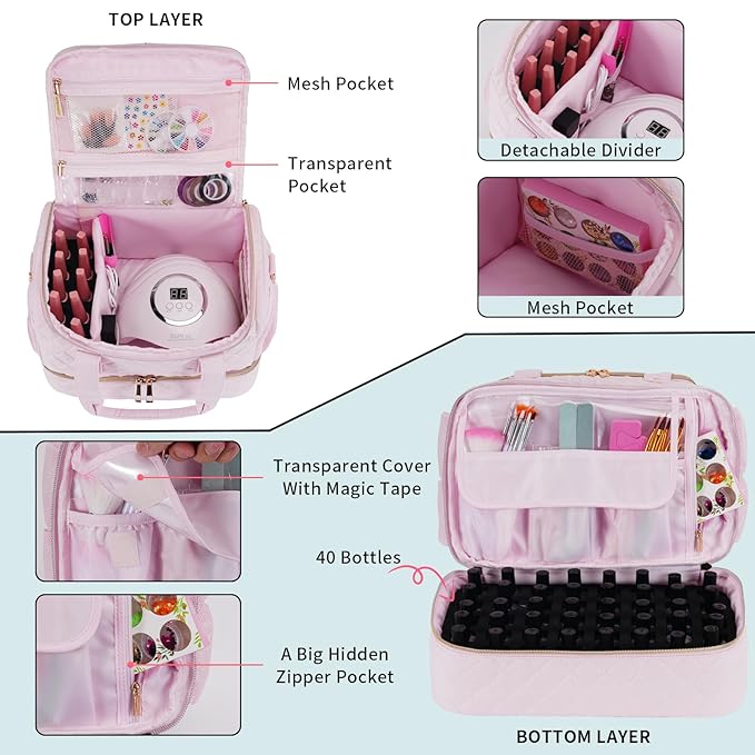 Nail Polish Organizer Case Fits 1 Nail Lamp and 50 Bottles,Pretty Nail Organizers and Storage with Side Pockets for Nail Polish Remover,Manicure Tools (Patented,Bag Only)-Pale Pink