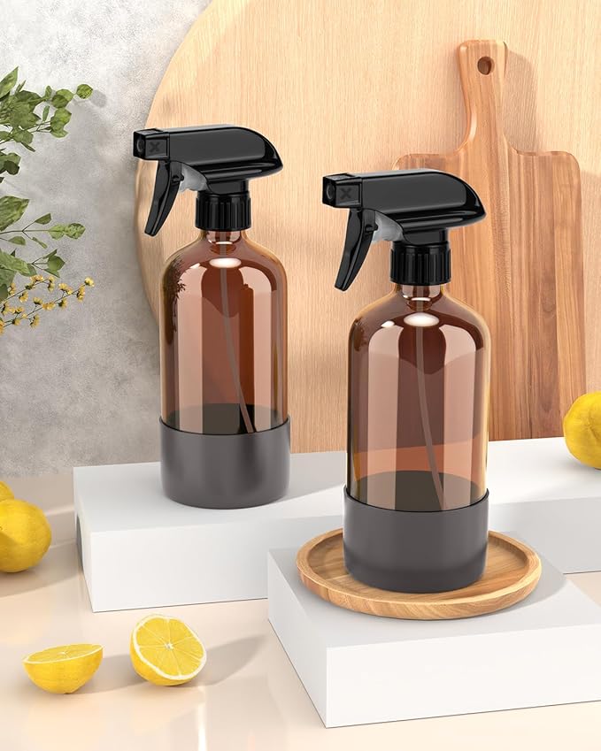 Bontip Glass Spray Bottle with Silicone Sleeve Protection, Amber Glass Spray Bottle Set for Window Cleaner Aromatherapy Facial Hydration Watering Flowers Hair Care 2 Pack/16 oz (Grey, 16 oz)