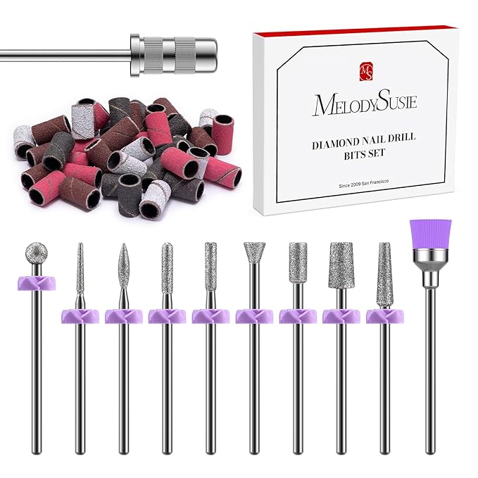 MelodySusie Nail Drill Bits, 10Pcs Diamond Sanding Bit Set with 40pcs Sanding Bands (#120#180#240 Grits) with 6.65mm Mandrel Bit, Nail Gel Polish Remover Tool for Acrylic Nails Manicure Nail Prep