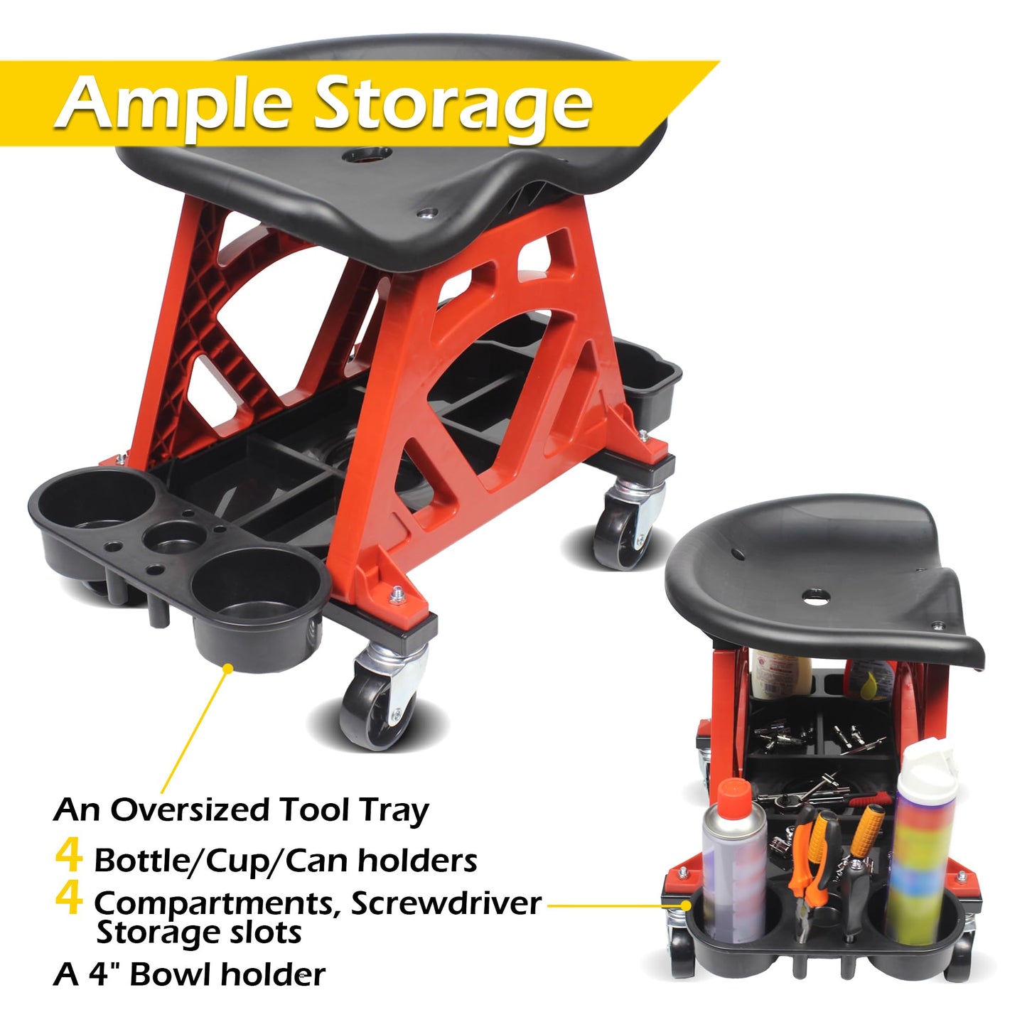 MaxWorks 50957 Ergonomic Seat Mechanic Stool Chair 22.9" L x 13.9" W x 17" H, with 4pcs 2.5" Swivel Casters, with Tool Tray for Workshop, Garage, Auto Repair - 300 Lbs Capacity