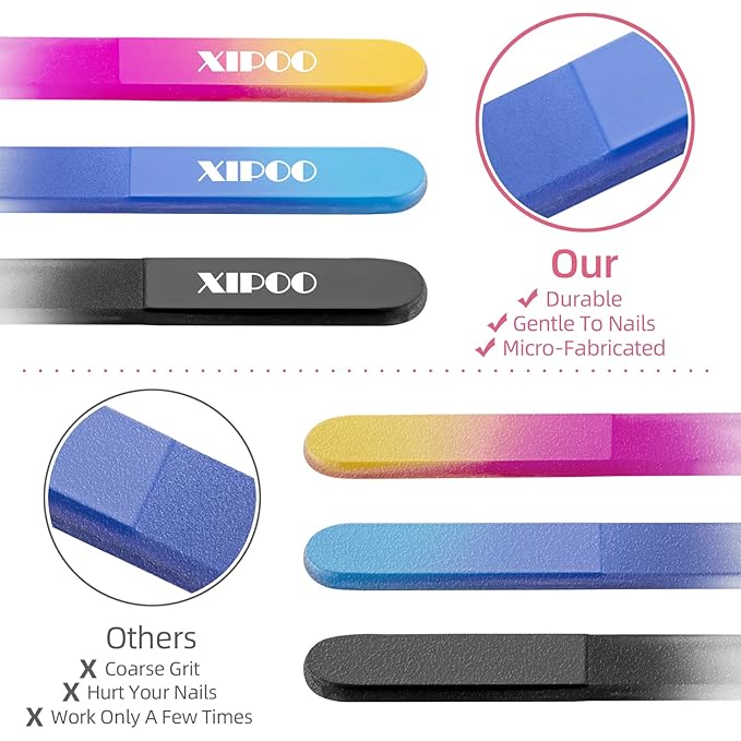 XIPOO Premium Glass Nail Files - 3 Pack with Case, Crystal, Salon Manicure Tool for Natural Nails, Gift for Women and Girls
