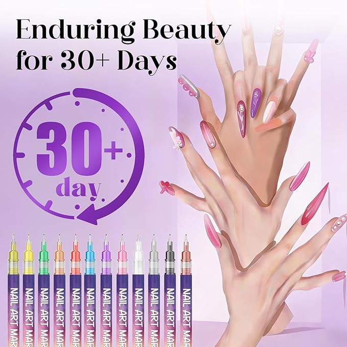 12 Colors Nail Art Pens Set, Fine Tip Nail Polish Pen Markers, Quick Dry Nail Art Kit for DIY Home Salon, Professional Nail Art Tools, Manicure Set Gift for Adults Beginners