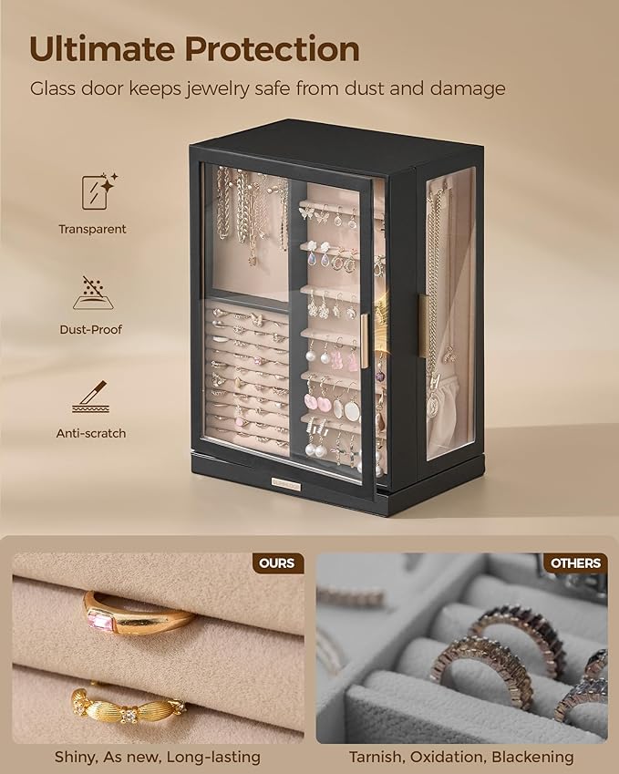 Glimmloop 360ÃÂ° Rotating Jewelry Box with 9 Drawers, Spacious Vertical Jewelry Organizer with Glass Window, Jewelry Storage Case, Dustproof & Moisture-resistant Design, Black