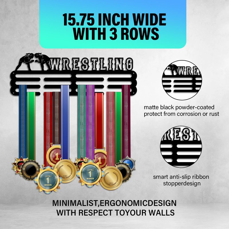 PH PandaHall Wrestling Medal Holder Athletics Medal Award Ribbon Hanger Display Rack Wall Mount Hanger Decor Trophy Shelf Tiered Award Rack for Over 50 Medals Easy to Install 15.75 Inch