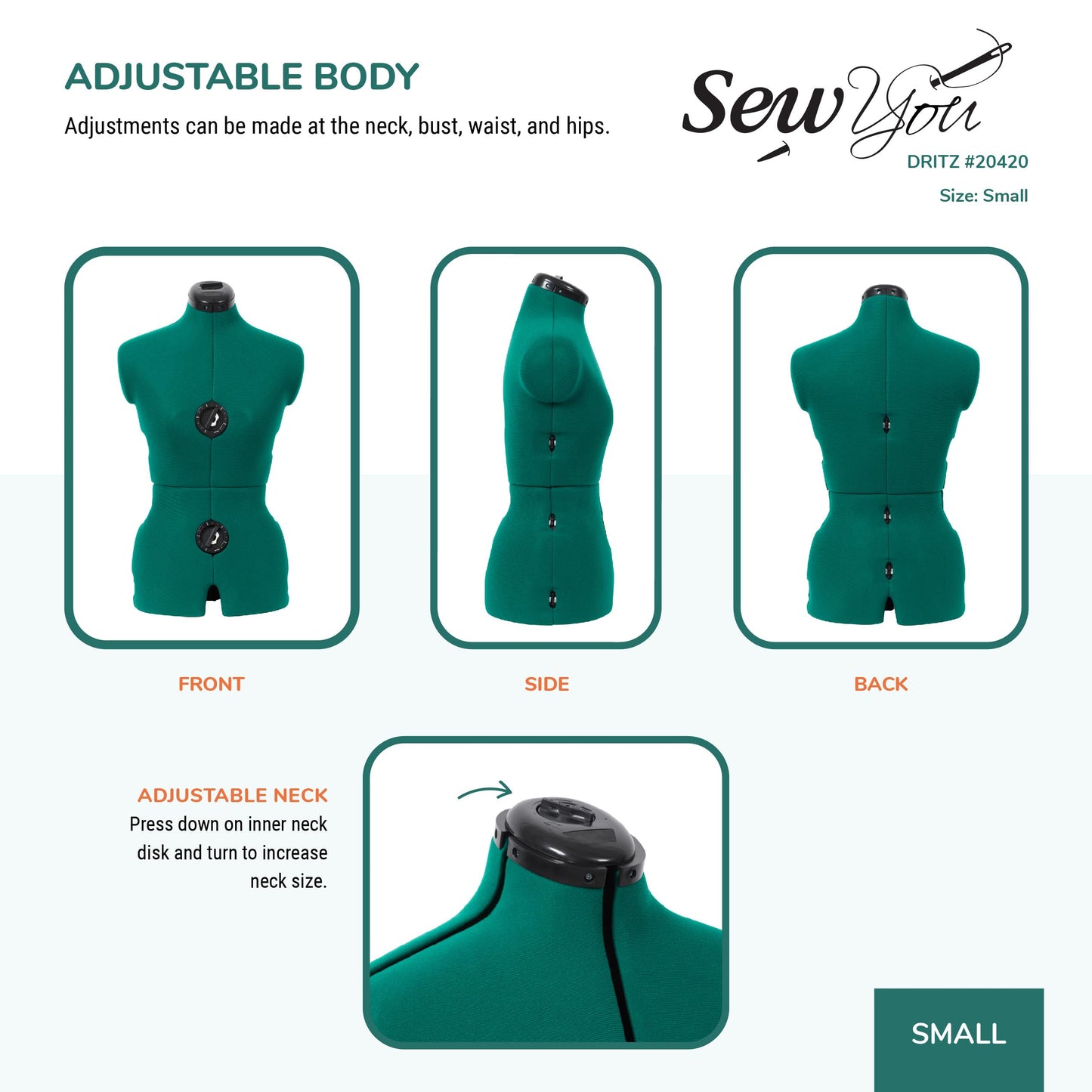 Dritz Sew You Adjustable Dress Form - Small/Medium Sizes US 4-12 - Female Clothing Mannequin for Sewing, Fitting, and Draping - Pinnable Sewing Mannequin with 12 Dials for Fitting + 360 Hem Guide