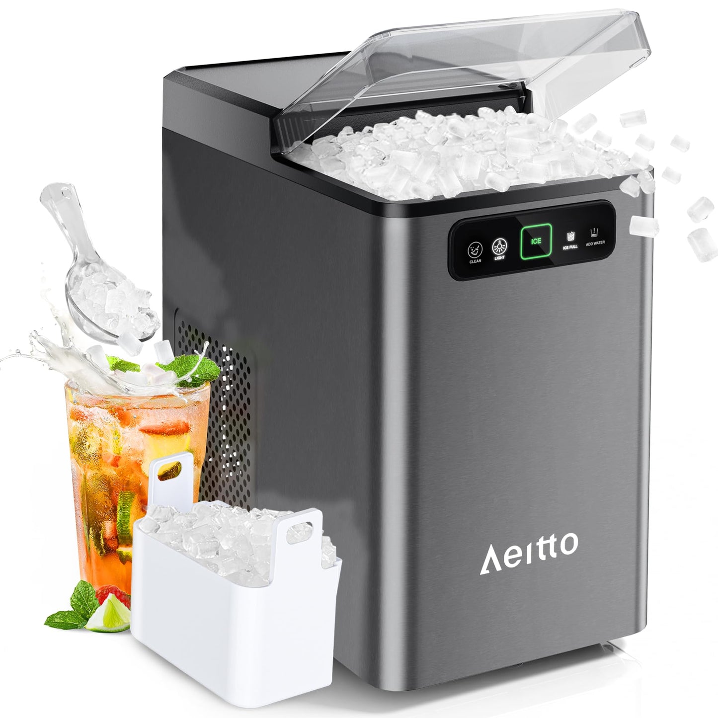 Aeitto Nugget Ice Maker Countertop, Pellet Ice Machine Soft Chewable Ice 36lbs/Day, One-Click Operation, Auto Self-Cleaning Crushed Ice Makers Stainless with Scoop for Home/Kitchen/Office (Brown)