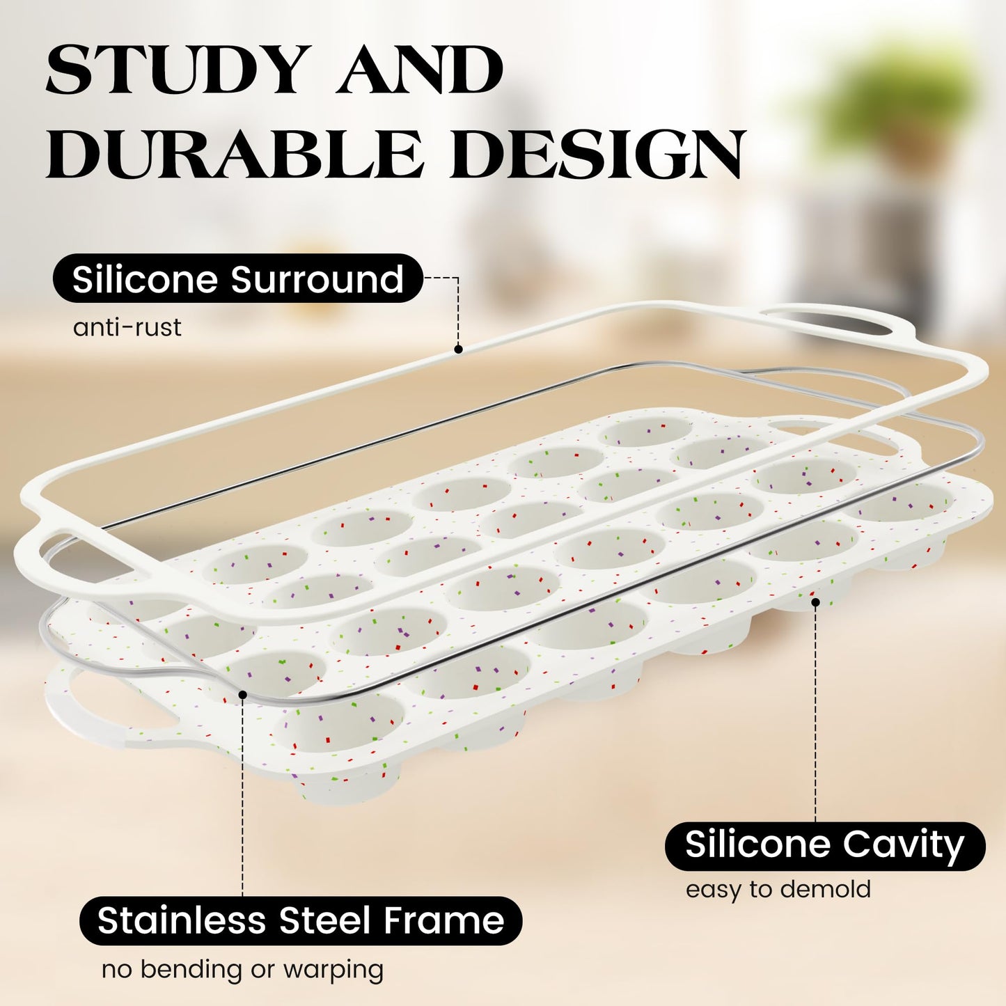 AOTASO 2 Pcs Silicone Mini Muffin Pan With Metal Frame, 24 Cups Nonstick Cupcake Tray for Baking, Small Muffin Molds with Handles (Cream)