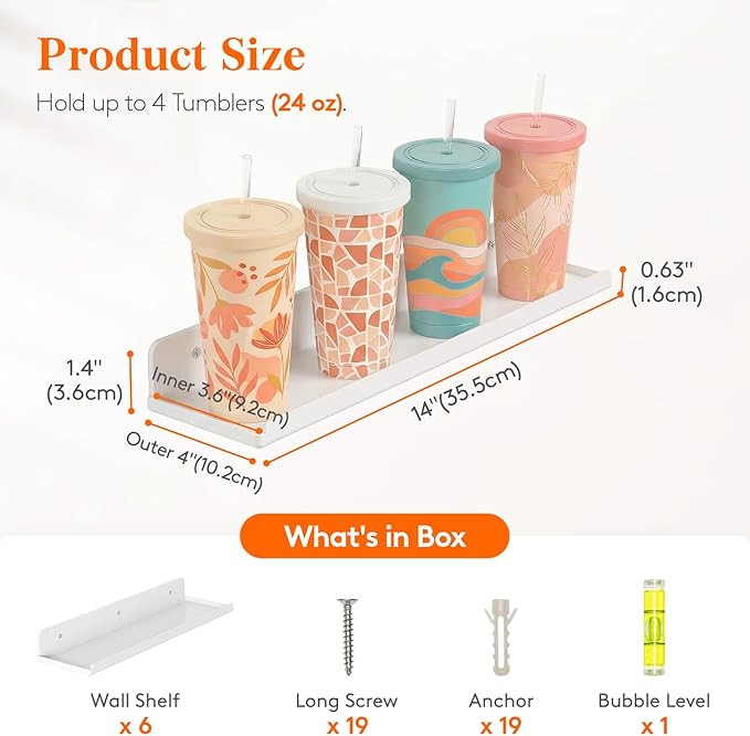Lifewit Floating Shelves for Wall, Acrylic Display Shelf Wall Mounted for Figure, Car, Art, Book, 14" Perfume Organizer for Bathroom, Bedroom, Living Room, Nursery, Home Decor, White, 6 Pack