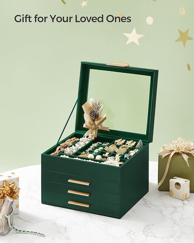 SONGMICS GISELLA Collection - Jewelry Box Organizer, 4-Layer Jewelry Storage with 3 Drawers, Shiny Metal Hardware, Glass Lid, Modern, 8 x 9.1 x 6.5 Inches, Forest Green and Gold Color UJBC173C01