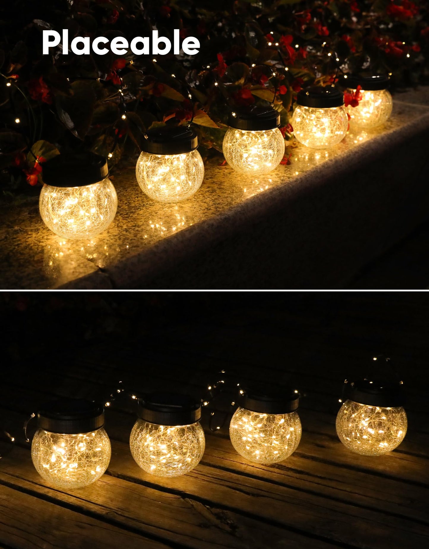 Solar Lanterns Solar Lights Outdoor Waterproof 6-Pack, Solar Powered Hanging Lights Cracked Glass Hanging Globes for Christmas Decoration, Shepherd Hook, Garden Tree Ornaments