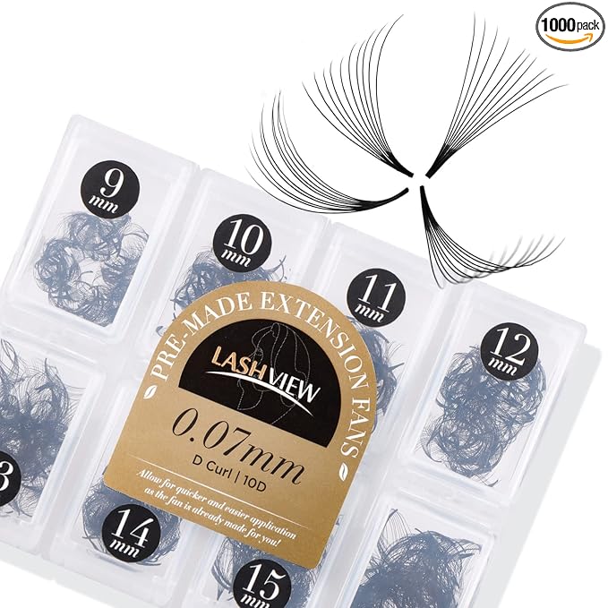 LASHVIEW 1000 Premade Volume Eyelash Extensions Mixed Tray 10D D Curl Premade Lash Fans Pointed Handmade Thin Base (10D-0.07D,9-16mm)