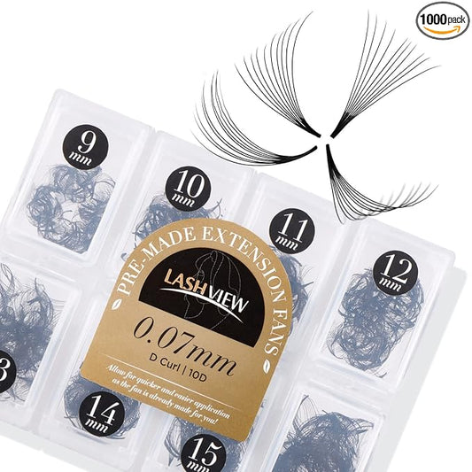 LASHVIEW 1000 Premade Volume Eyelash Extensions Mixed Tray 10D D Curl Premade Lash Fans Pointed Handmade Thin Base (10D-0.07D,9-16mm)