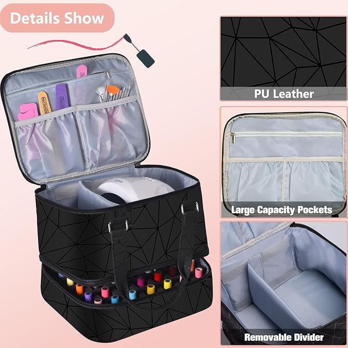 Nail Polish Organizer Case - Holds 42+ Bottles (15ml/0.5 fl.oz) and 1 Nail Lamp, Upgraded Double-layer Nail Polish Carrying Case Nail Storage Bag with Handles (Black)