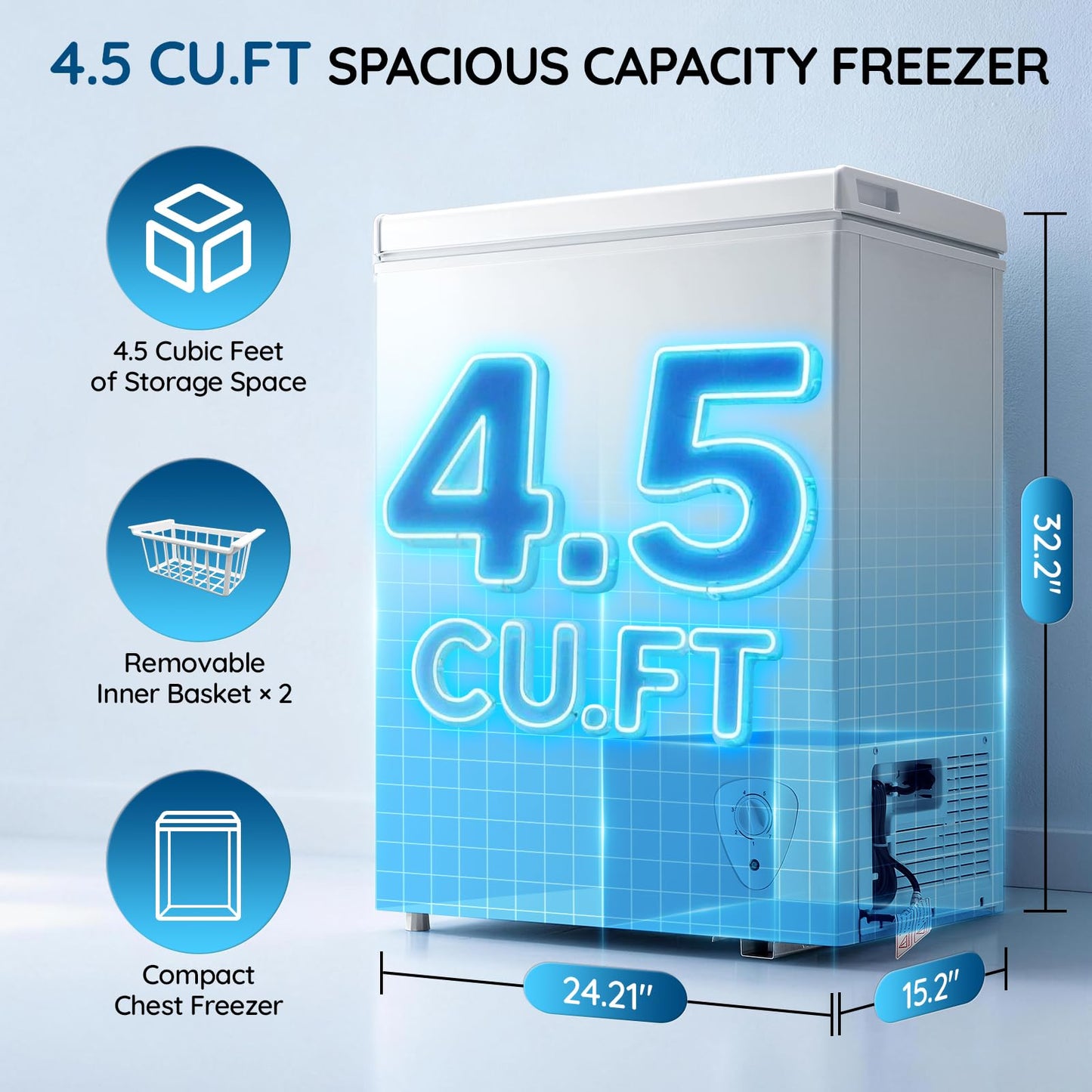TACOOL 4.5 Cu.ft Chest Freezer Mini freezer with Removable Basket 90L Capacity Storage Knob Temperature Control White