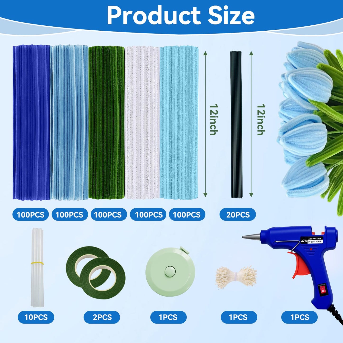 500 Pcs Pipe Cleaners for Crafts – 5 Coloars Chenille Stems with Glue Guns & Tape Measure – Perfect for DIY Projects, Holiday & Room Decorations, Arts and Crafts Activities (Blue, 12in x 8mm)