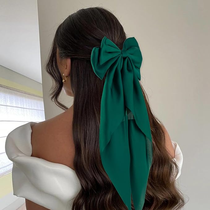 6Pcs Large Bows Hair Clips for Women Girls Long Tail Hair Ribbon Silky Satin Barrettes Coquette Bows Accessories (Atrovirens)