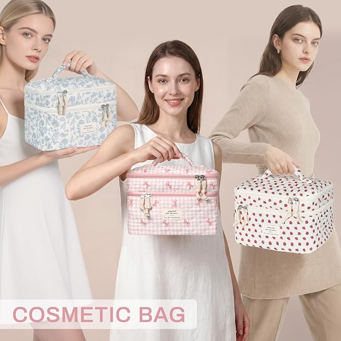 Makeup Bag, Portable Travel Make up Bag, Large Capacity Quilted Cosmetic Organizer Bag, Cute Floral Toiletry Bag for Women Girls (Pink Bow)