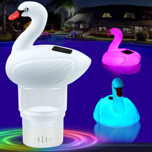 FineBud Pool Chlorine Floater, Solar Swan Chlorine Floater with Adjustable Release, Floating chlorines Dispenser with Colorful Light, Easy Opening Solar chlorines floaters for Hot Tub