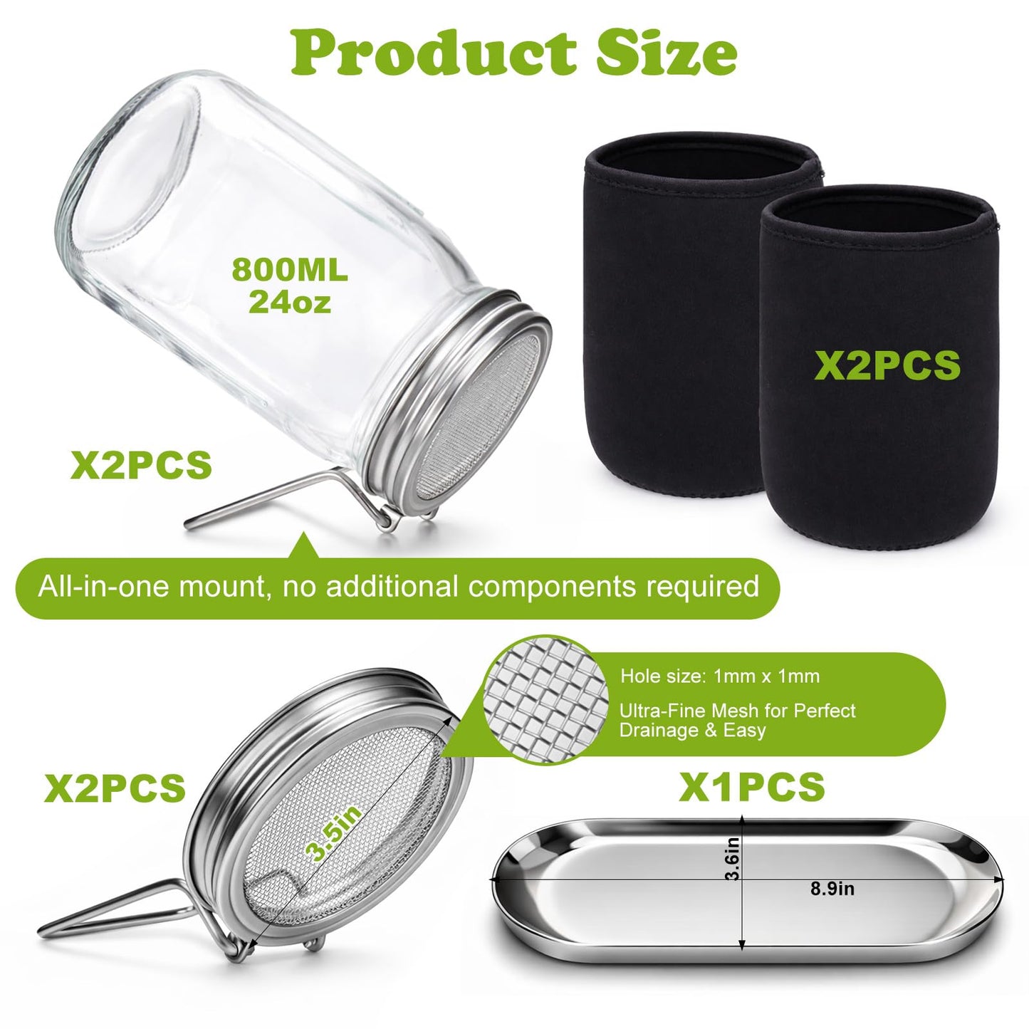 Palksky Sprouting Kit with Stainless Steel Screen Sprouting Lids & Glass Mason Jars & Light-Blocking Sleeves, 2Pack Premium Reusable Sprouts Growing Kit for Organic Broccoli Alfalfa Seeds Bean Sprouts