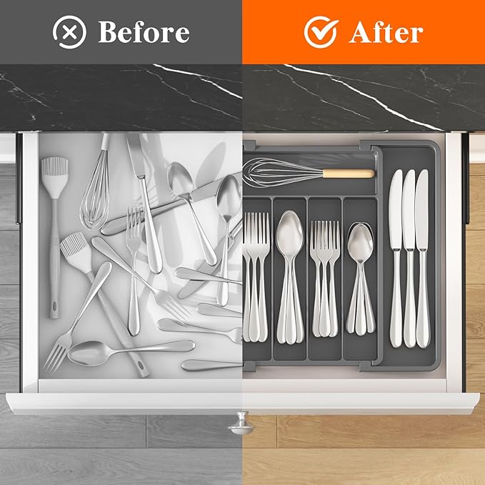 Lifewit Silverware Drawer Organizer, Expandable Utensil Tray for Kitchen, BPA Free Flatware and Cutlery Holder, Adjustable Plastic Storage for Spoons Forks Knives, 8.5-14 x 12", Dark Gray