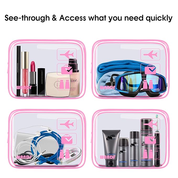 WANDF TSA Approved Toiletry Bag, 2 Packs Travel Clear Toiletry Bag, Quart Size Makeup Cosmetic Pouch with Zipper, Carry-On Airport Compliant Bag for Women and Men (4pcs Pink)
