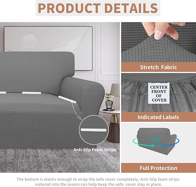 Easy-Going 100% Waterproof Oversized Loveseat Couch Cover, Dual Waterproof Sofa Cover, Stretch Jacquard Sofa Slipcover, Leakproof Furniture Protector for Kids, Pets, Dog and Cat, Grey