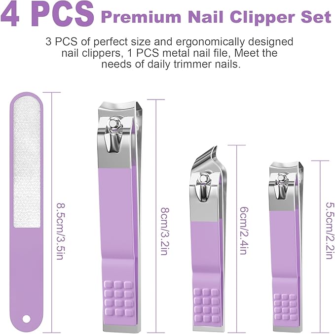 DUCOO Nail Clipper Set, 4 PCS Ultra Sharp Nail Clippers for Men, Women, Adults Toenail Fingernail Clippers, Stainless Steel Nail Cutter & File, Purple